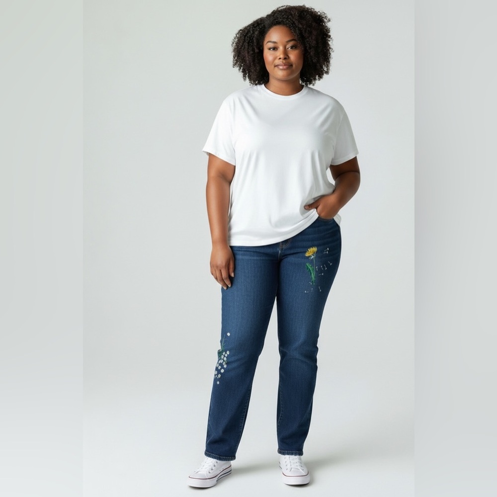 Marina Sport Embroidered Jean, Raw Hem, Dark Wash, Mid Weight, Dandelion